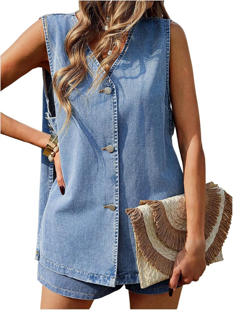 Women's Y2k Button Down Denim Vest Side Slit V Neck Sleeveless Tops Concert Festival Outfits | Amazon (US)