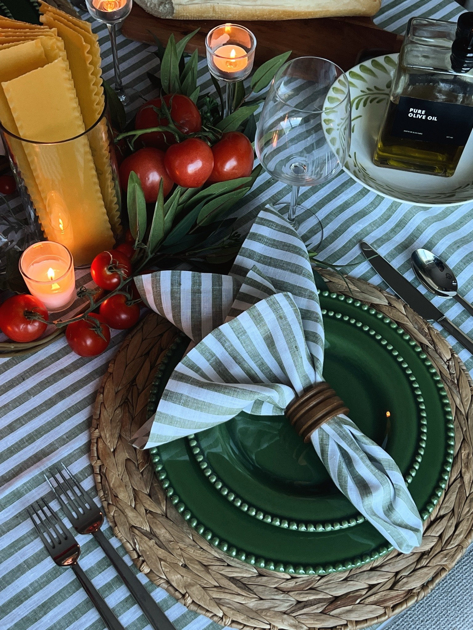 Create the feeling of an Italian summer dinner at home with timeless European flax linens, Amalfi-inspired green and white stripes, woven chargers, green beaded dinnerware, candlelight, fresh tomatoes, olive branches, pasta, and simple Mediterranean details. I’m sharing everything from this hosting look, including the striped linen tablecloth and matching napkins from Solino Home, dinnerware, chargers, flatware, candleholders, serving pieces, and my favorite entertaining essentials for Italian-inspired dining, summer hosting, and effortless gatherings.

#LTKHome #LTKSeasonal #LTKSaleAlert