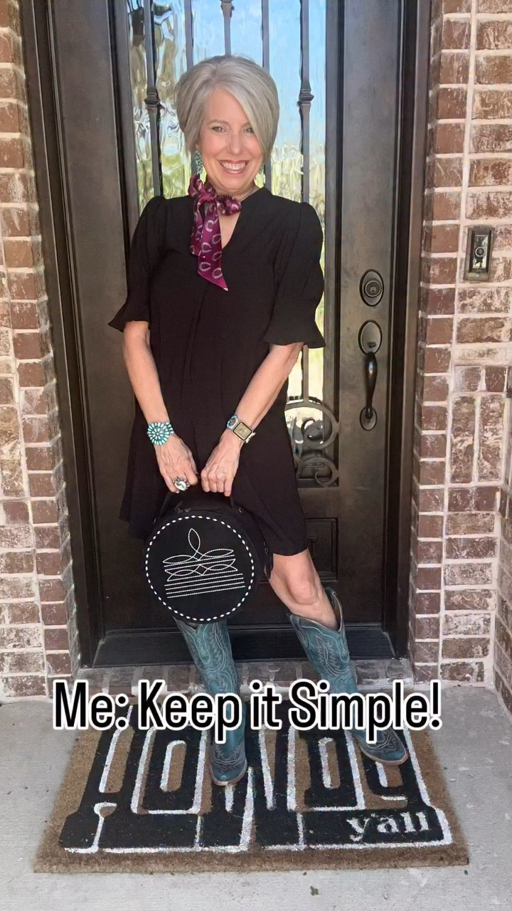 This Texas Trio starts with a simple black dress, but gets instantly elevated with bold turquoise boots, a statement bag, and an attention getting twilly. 

Just three key accessories are all you need to breathe life into an otherwise simple outfit! 🤠

What Three Pieces Would You Add to This Black Dress? 

#texastriostyle #westernfashion #accessories #springstyle #cowgirlchic