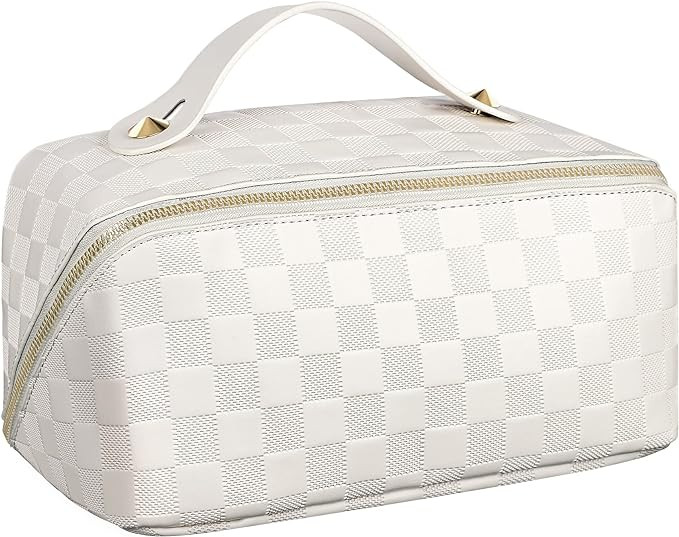 Large Capacity Travel Cosmetic Bag - Portable Makeup Bags for Women Waterproof PU Leather Checker... | Amazon (US)