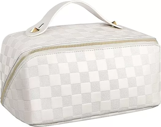 2pcs Travel Makeup Bag for Women Large Capacity Cosmetic Bag Waterproof  White Checkered Portable PU Leather Toiletry Bag Organizer Makeup Brushes  Storage Bag with Dividers and Handle