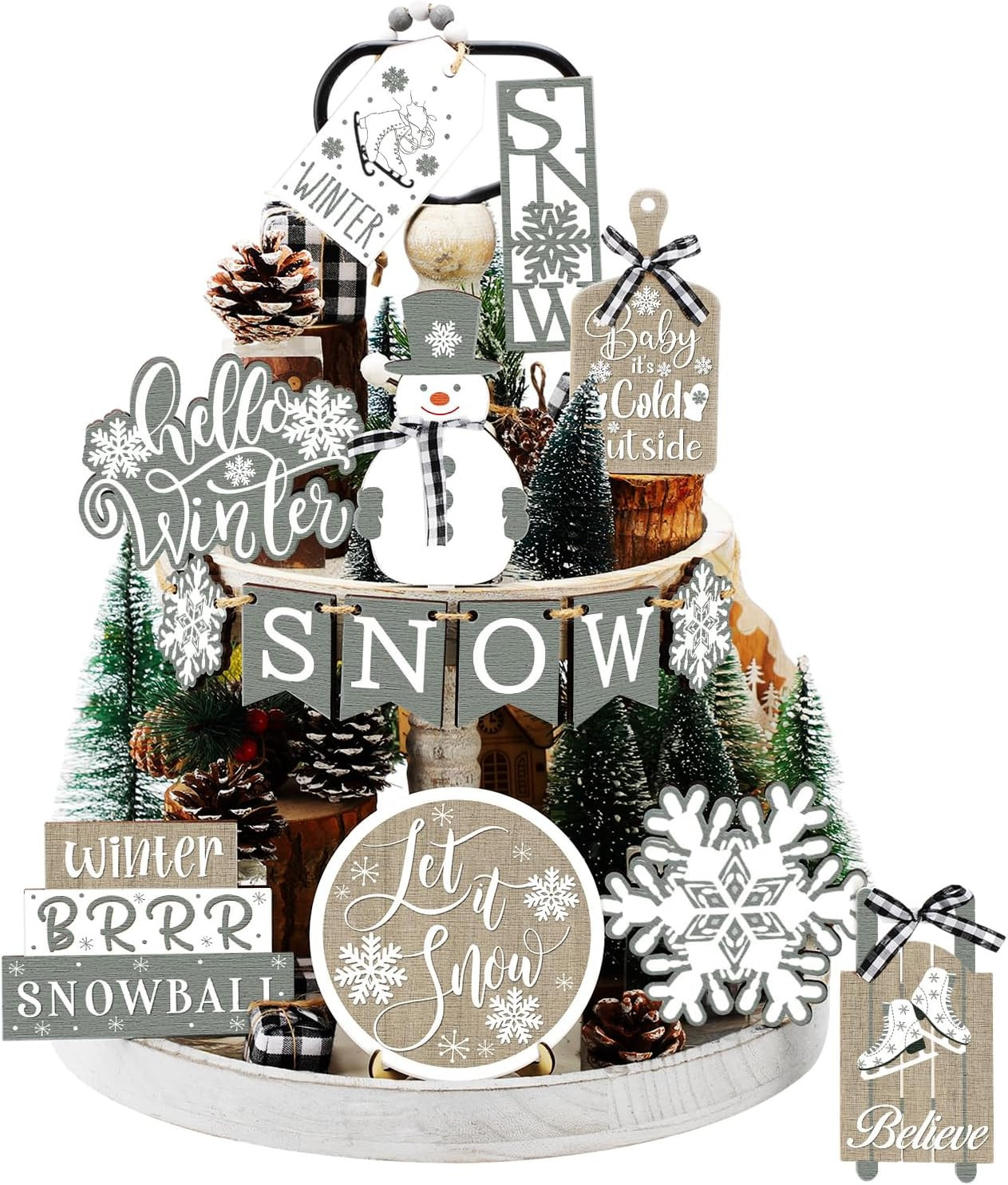 Dandat 15 Pcs Christmas Tiered Tray Decor Winter Tiered Tray Decorations Set Hello Winter Let It ... | Amazon (US)