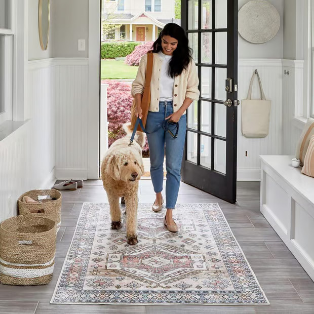 Peach Ria Geometric Washable Area Rug | Rugs USA