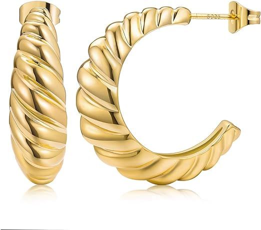 14K Gold Plated Croissant Earrings Twisted Round Hoop Earrings Chunky Hoop Earrings 925 Sterling ... | Amazon (US)