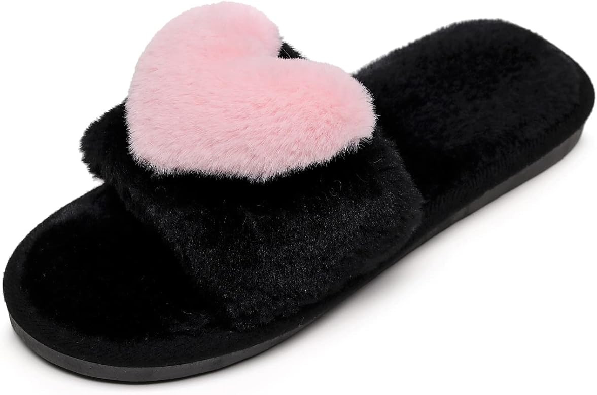 CRAZY LADY Women's Fuzzy LOVE House Slippers Soft Plush Furry Fur Open Toe Cozy Winter Warm Comfy Sl | Amazon (US)