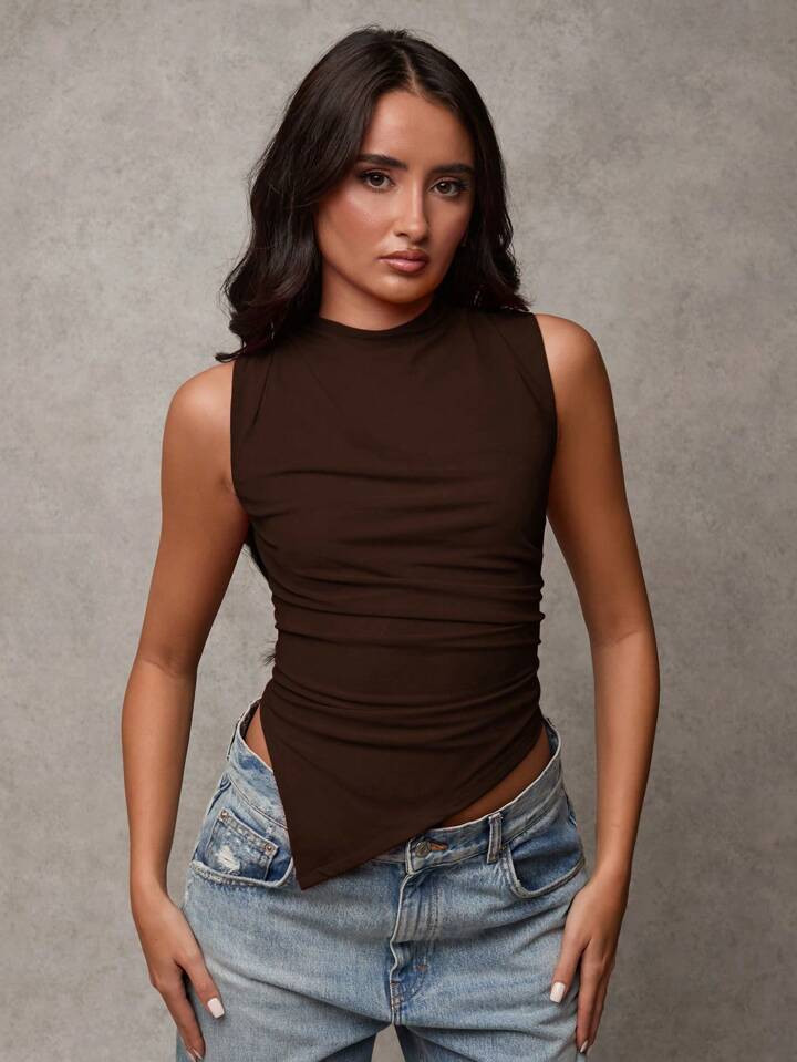 SHEIN BAE Women's Solid Color Stand Collar Pleated Asymmetrical Hem Tank Top | SHEIN