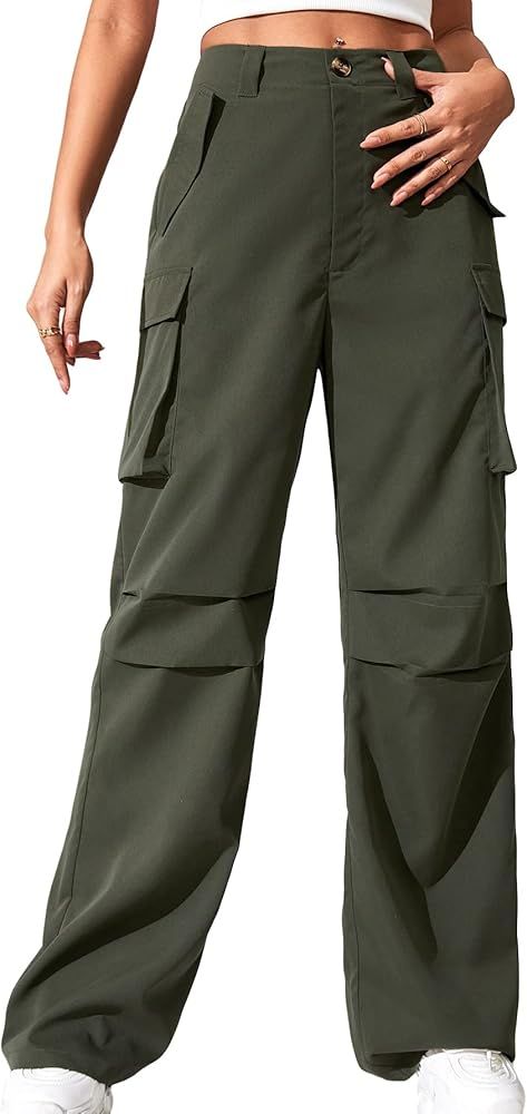 WDIRARA Women's High Waist Button Loose Fit Streetwear Cargo Pants with Pockets | Amazon (US)