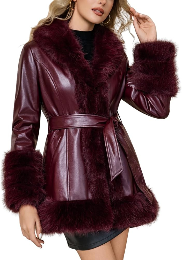 DIASHINY Women Faux Fur Leather Jacket Fur Lined Winter Warm Parka Fur Coat With Belt | Amazon (US)