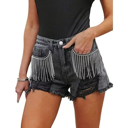 QWZNDZG Women s Ripped Rhinestone Fringe Jeans Shorts Frayed Raw Hem Tassels Denim Shorts | Walmart (US)