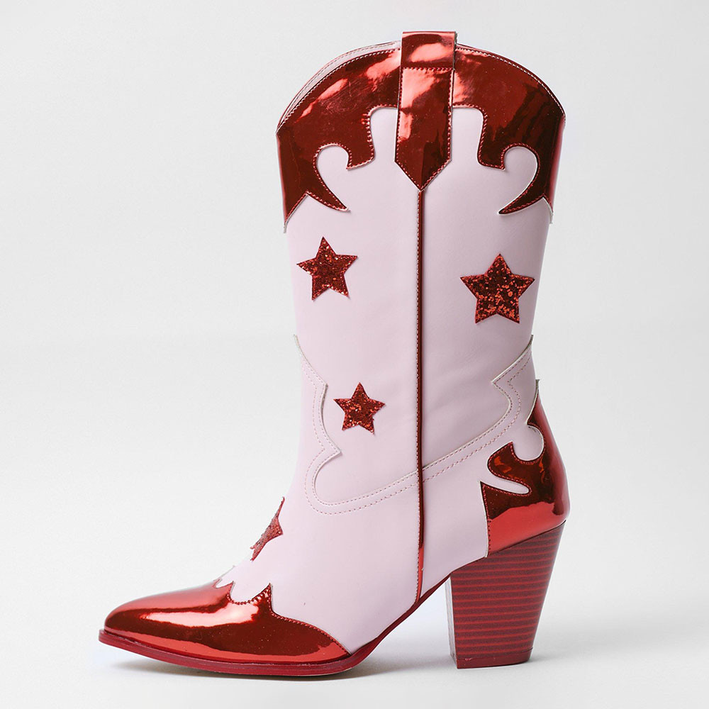 Pink & Red Metallic Finish Glitter Star Inlay Mid-Calf Cowgirl Boots | FSJshoes