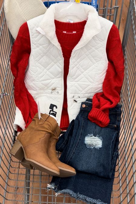 Winter outfit idea at Walmart with this crewneck, flare leg jeans and quilted vest. 

#LTKstyletip #LTKHoliday #LTKunder50