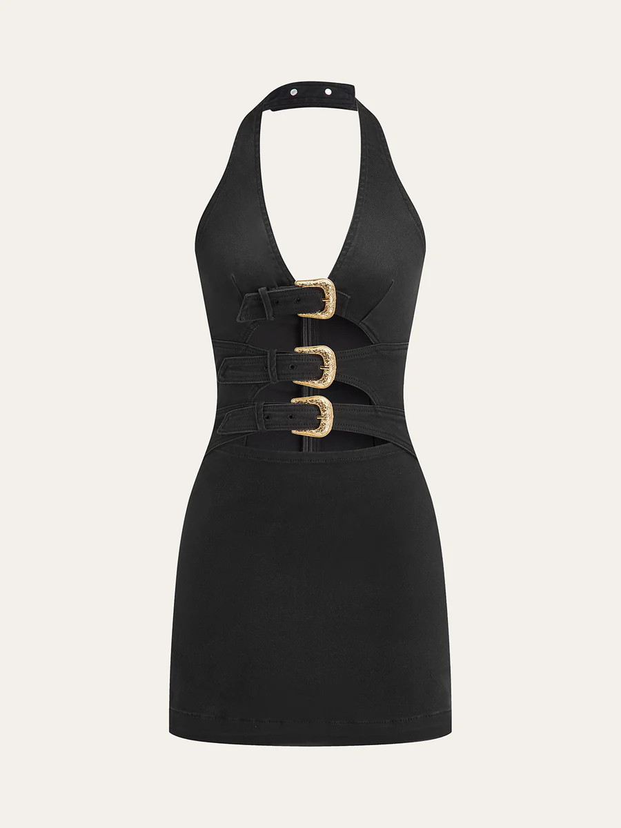 Halter Neck Buckle Detail Denim Dress | Commense