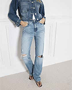 Blue high waisted straight ripped jeans | River Island UK & IE
