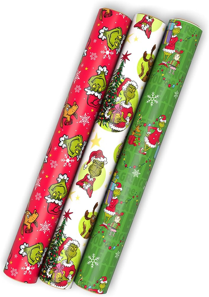 Hallmark Dr. Seuss Christmas Wrapping Paper Mini Rolls, 3-Pack (Grinch) | Amazon (US)