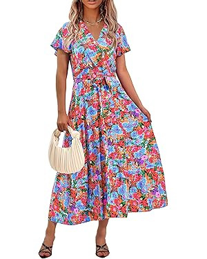 PRETTYGARDEN Women Boho Summer Side Split Deep V Neck Short Sleeves Maxi Dress with Belt | Amazon (US)