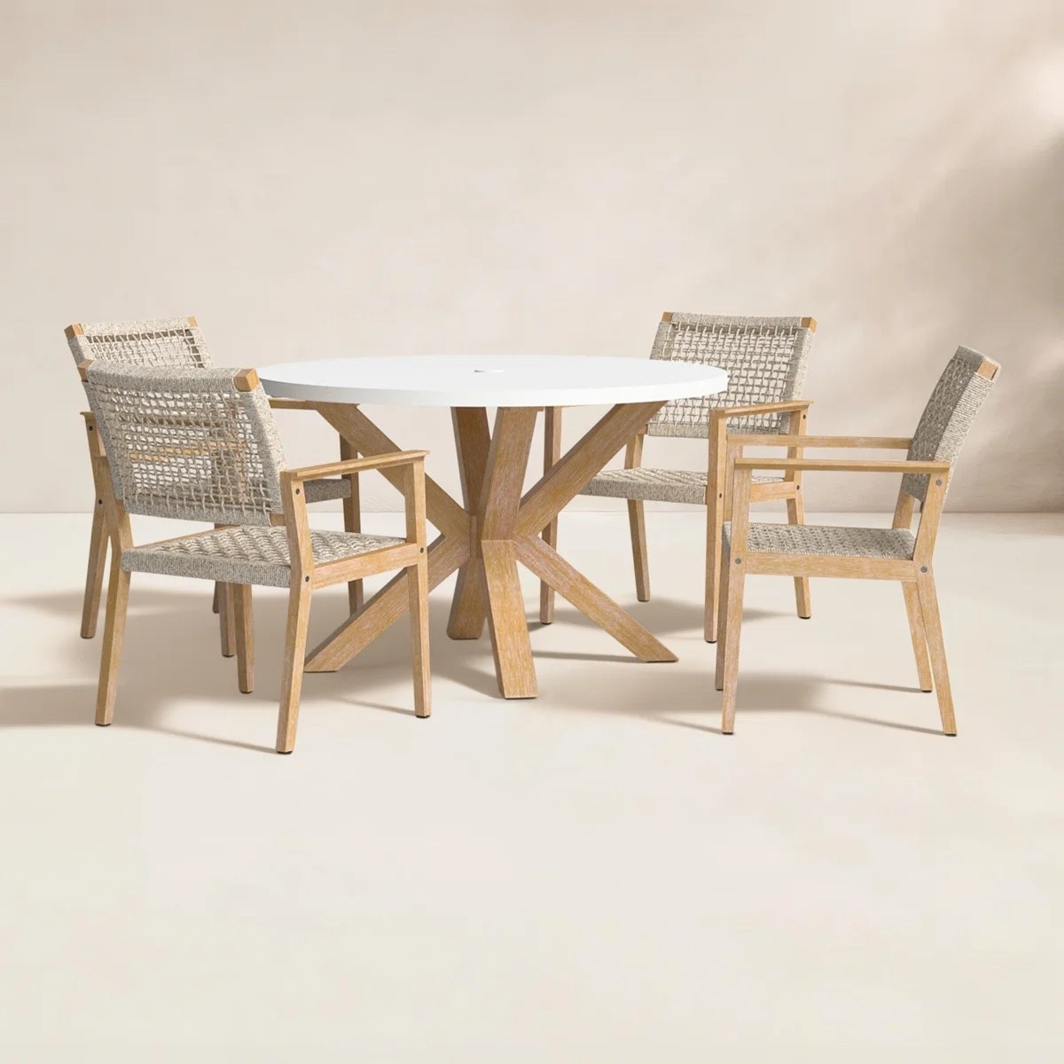 I love an outdoor dining set that feels relaxed but still really pulled together. This 48” round eucalyptus wood patio dining set from Wayfair has the prettiest natural wood frame, sculptural pedestal base, and woven armchairs that give it so much texture. The round table is perfect for conversation, and I can picture this on a sunny patio with simple dinnerware and a big vase of greenery. It’s included in Wayfair’s Labor Day Deal right now.