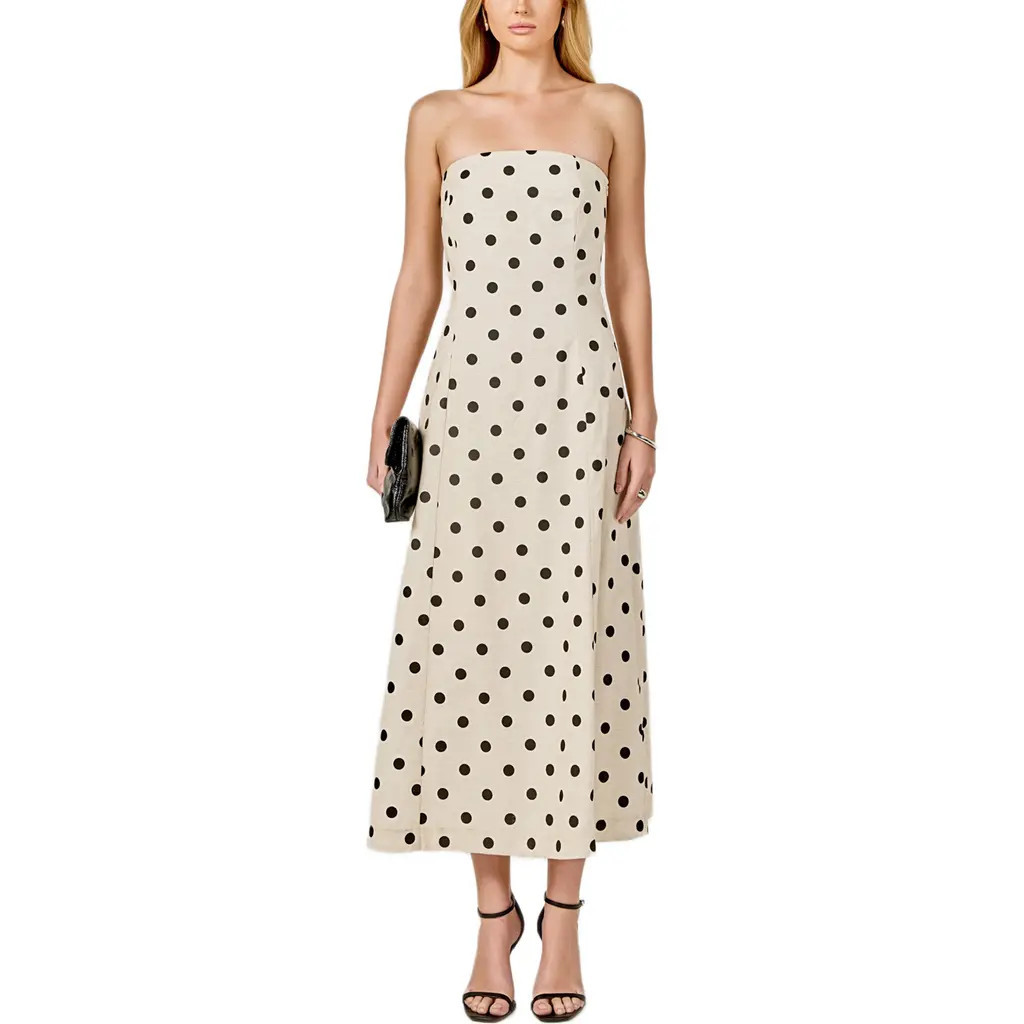 Endless Rose Polka Dot Strapless Linen & Cotton Dress in Sand/Black at Nordstrom, Size Medium | Nordstrom