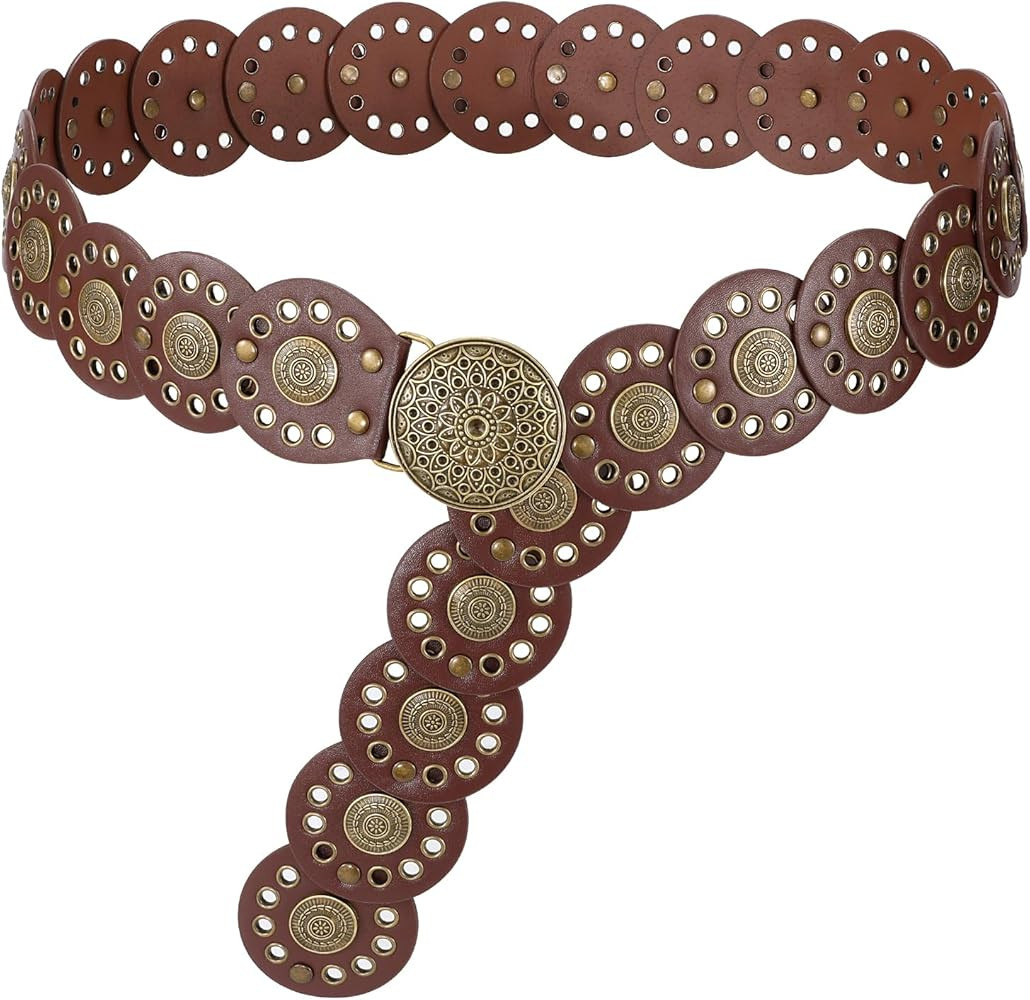 Hollow Disc Belt Western Leather Belt Boho Concho Belt Vintage Waist Belt for Women | Amazon (US)