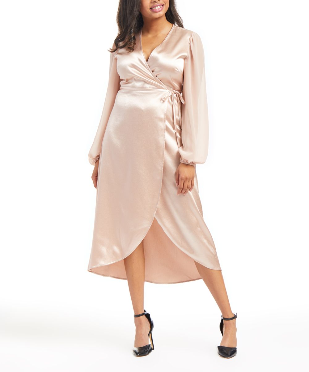 Avec Les Filles Women's Casual Dresses CMG - Champagne Satin Wrap Dress - Women | Zulily