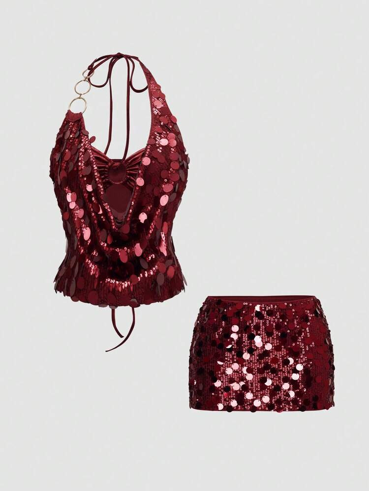 ROMWE Avant Spring/Summer Valentine's Day Vintage Sexy Y2K Party Sequin Halter Crop Top And Low Waist Mini Skirt 2-Piece Set For Women | SHEIN