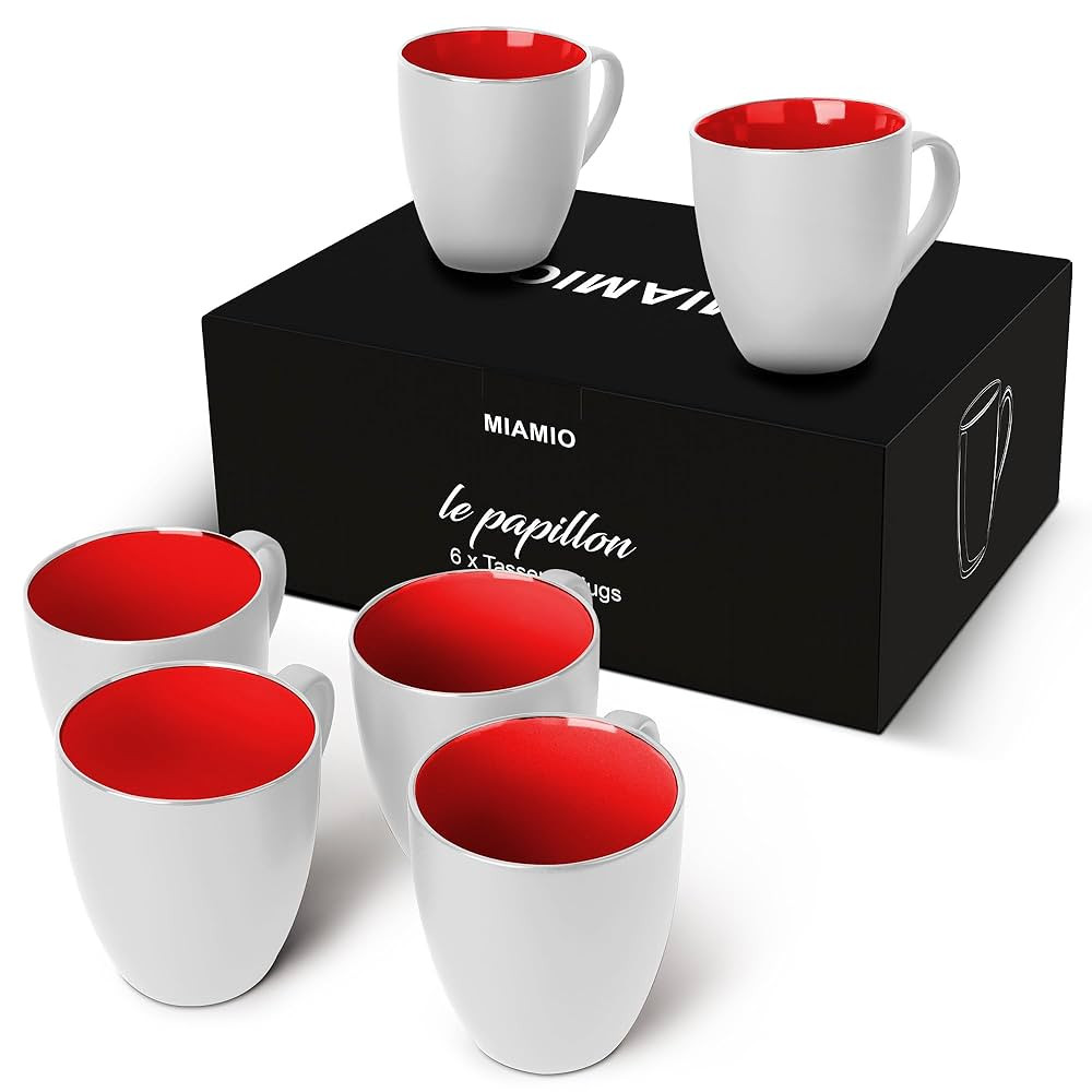 MIAMIO - Set of 6 Stoneware Coffee Mugs 12 Ounce/Cup Set - Le Papillon Collection (White-Red) | Amazon (US)