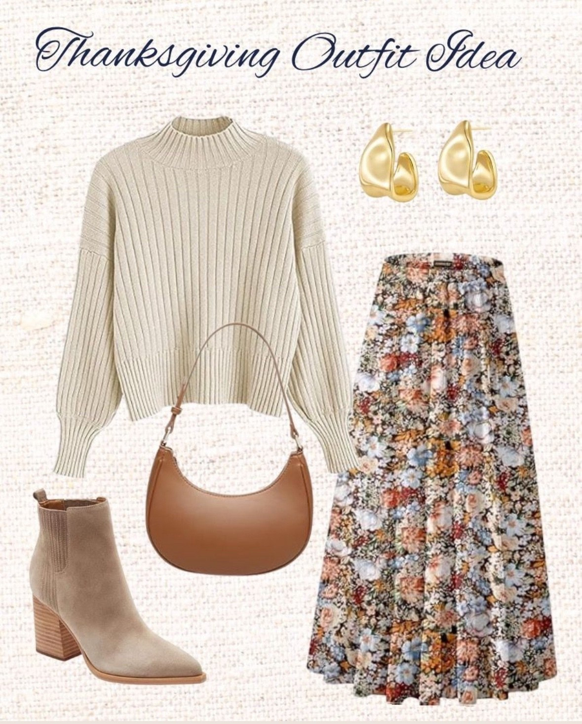 Cozy Ribbed Sweater – Soft and chic with a relaxed fit, perfect for fall layering.
Floral Maxi Skirt – Flowy and feminine with warm autumn tones.
Chunky Heeled Booties – Neutral suede boots that add height and comfort.
Gold Statement Earrings – Minimal yet bold, for a polished finish.
Tan Shoulder Bag – A versatile accessory that ties the whole look together.

🍂 The perfect Thanksgiving or fall gathering outfit—comfortable, stylish, and festive.

#FallOutfitInspo #ThanksgivingStyle #AutumnVibes #ChicAndCozy #OOTDInspo #LTKSeasonal #FallFashionFavorites #WardrobeInspo