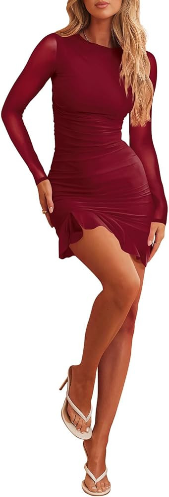 firfig Women's Sexy Ruched Bodycon Mini Dress Mesh Long Sleeve Ruffle Hem Club Cocktail Party Sho... | Amazon (US)