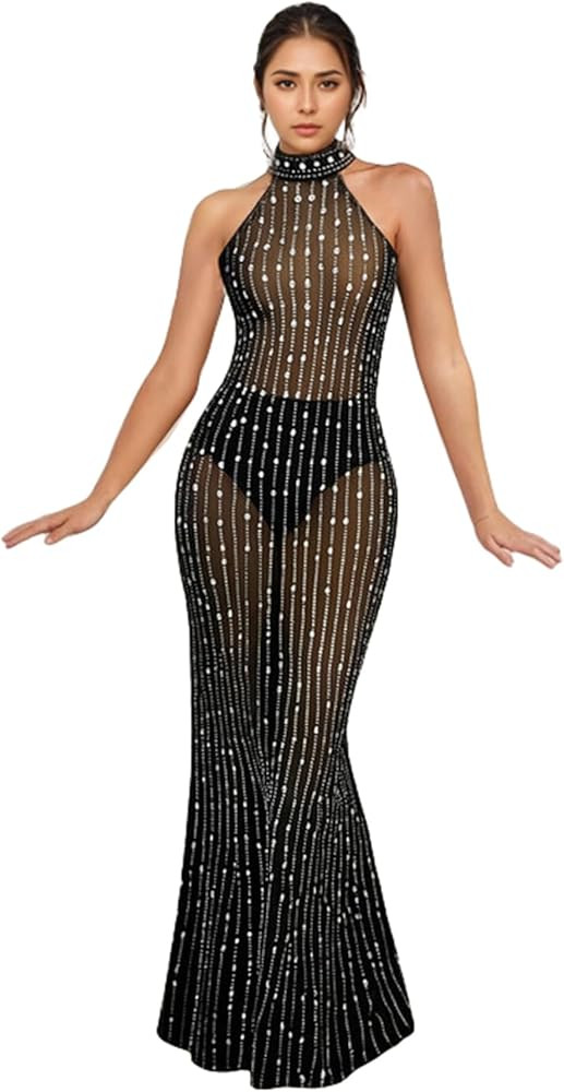 PORRCEY Women Sexy Elegant Rhinestone Mesh See Through Evening Dresses Party Club Night Clubwear | Amazon (US)