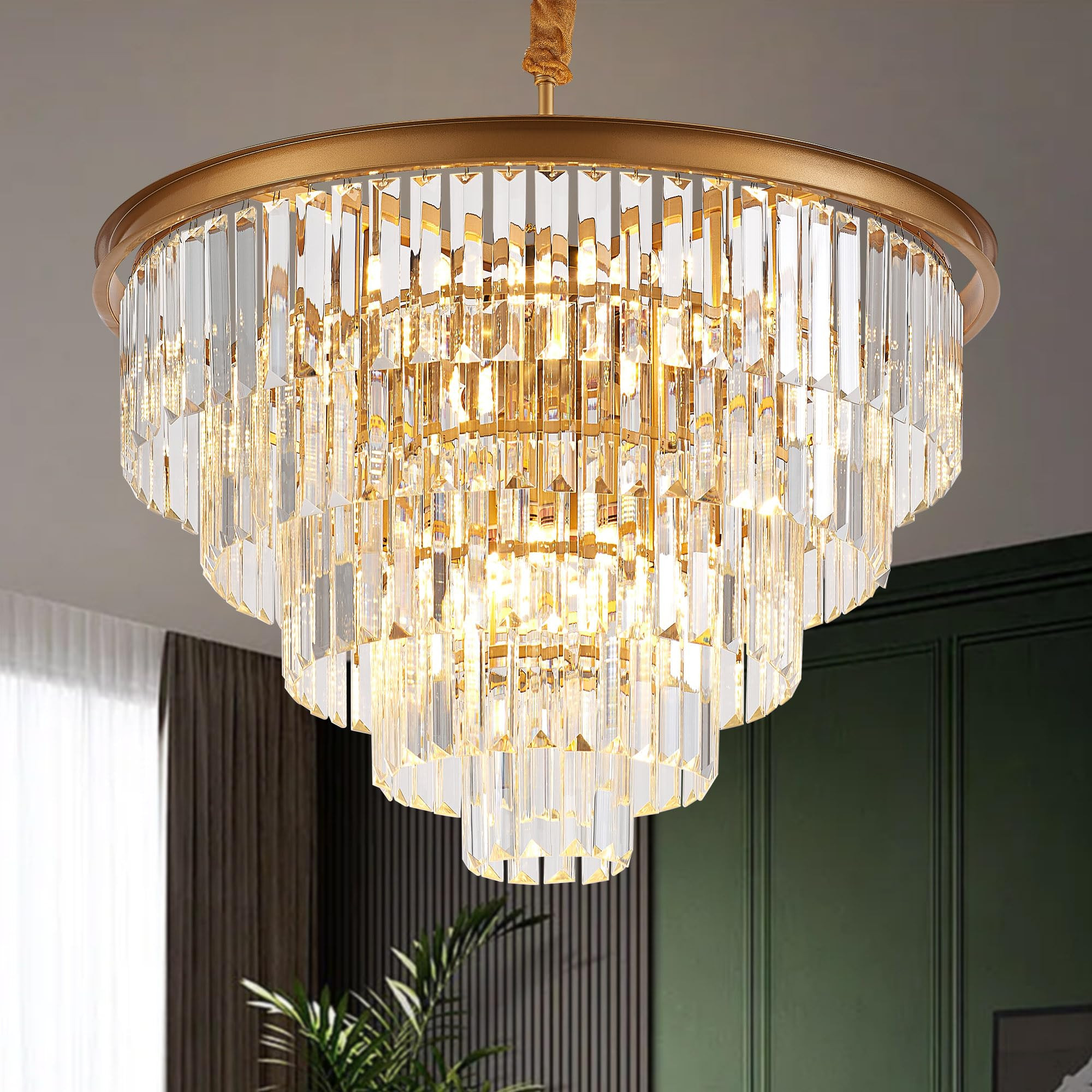 23.23" Gold Crystal Chandelier 12-Light Modern Crystal Pendant Ceiling Light Fixture 5-Tier Luxur... | Amazon (US)