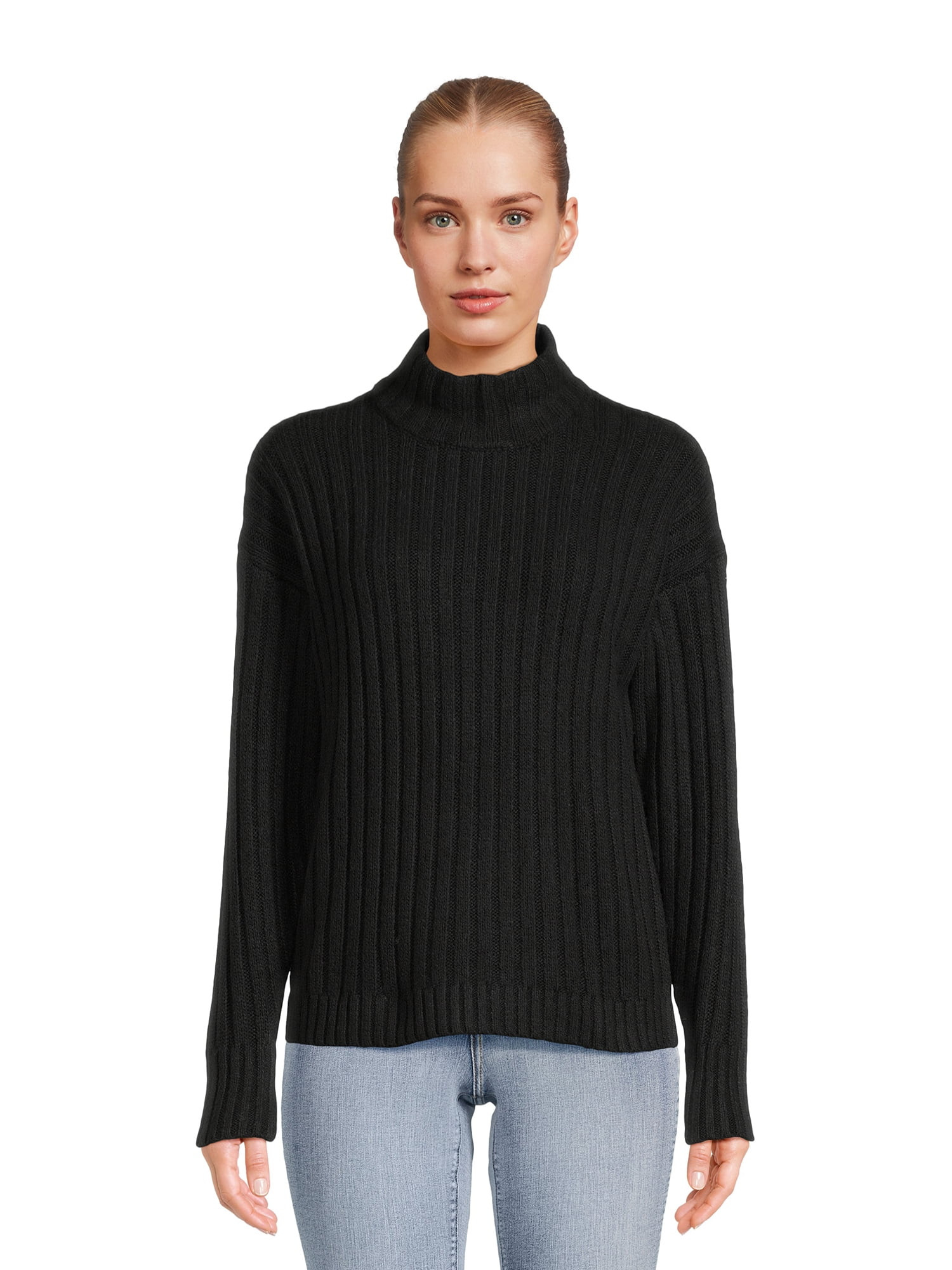 Time and Tru Women's Mock Neck Rib Knit Sweater, Midweight, Sizes XS-XXXL - Walmart.com | Walmart (US)