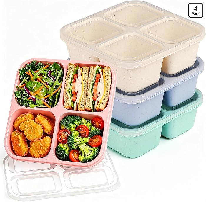 4 Pack Bento Snack Containers Set\uff0c 4 Compartment Food Storage Containers \uff0cWheat Straw M... | Amazon (US)