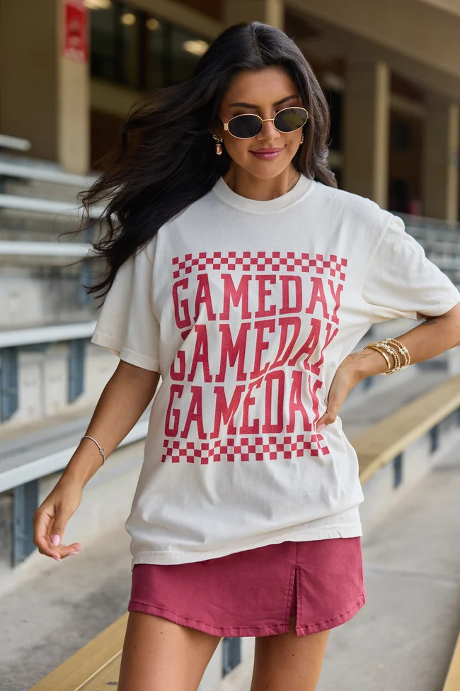 Checkered Gameday Red Repeat Ivory Graphic Tee | Pink Lily