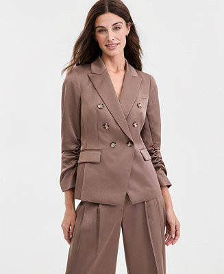 Women's Matte Satin Double-Breasted Scrunch-Sleeve Blazer | Macy's