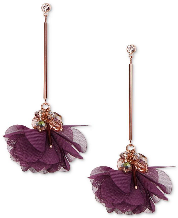 INC International Concepts Rose Gold-Tone Crystal & Bead Fabric Flower Linear Drop Earrings, Crea... | Macys (US)