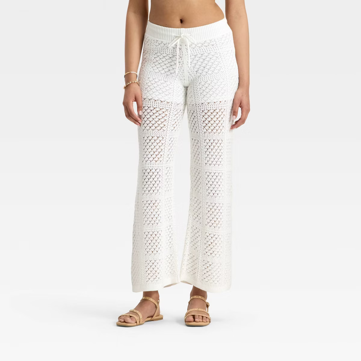 Women's Mid-Rise Wide Leg Openwork Pull-On Pants - Universal Thread™ White | Target