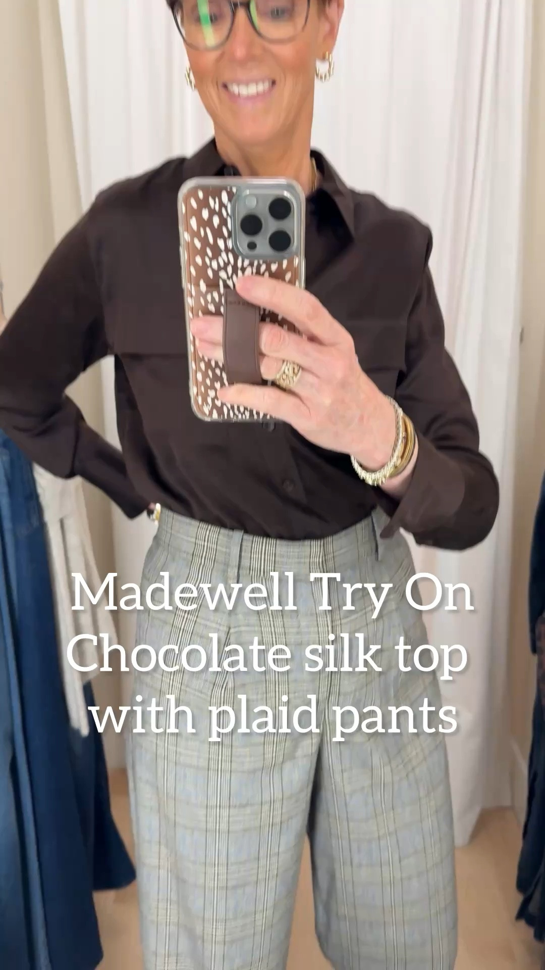 Madewell in store try on
This chocolate brown silk top was lovely. Paired it with plaid trousers.
Wearing my smaller size, size small in the top and definitely want to size down in the pants. Both the 10 and the 8 were big on me.

#LTKWorkwear #LTKOver40 #LTKxMadewell