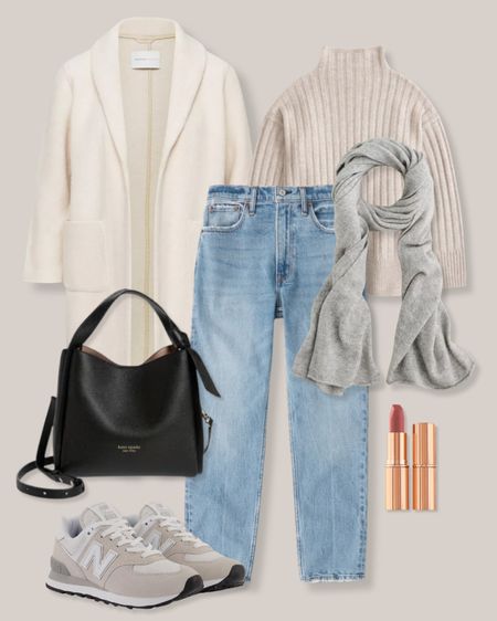 Casual winter outfit
Neutral winter outfit
Neutral outfit
Casual outfit
Aritzia coat
White sweater coat
White overcoat
Beige sweater
Gray cashmere scarf
High waisted mom jeans
High rise jeans
Relaxed jeans
Petite jeans
Black slouchy bag
Black purse
Pink lipstick
New Balance 574 sneakers
Gray sneakers

#LTKfindsunder100 #LTKstyletip #LTKSeasonal