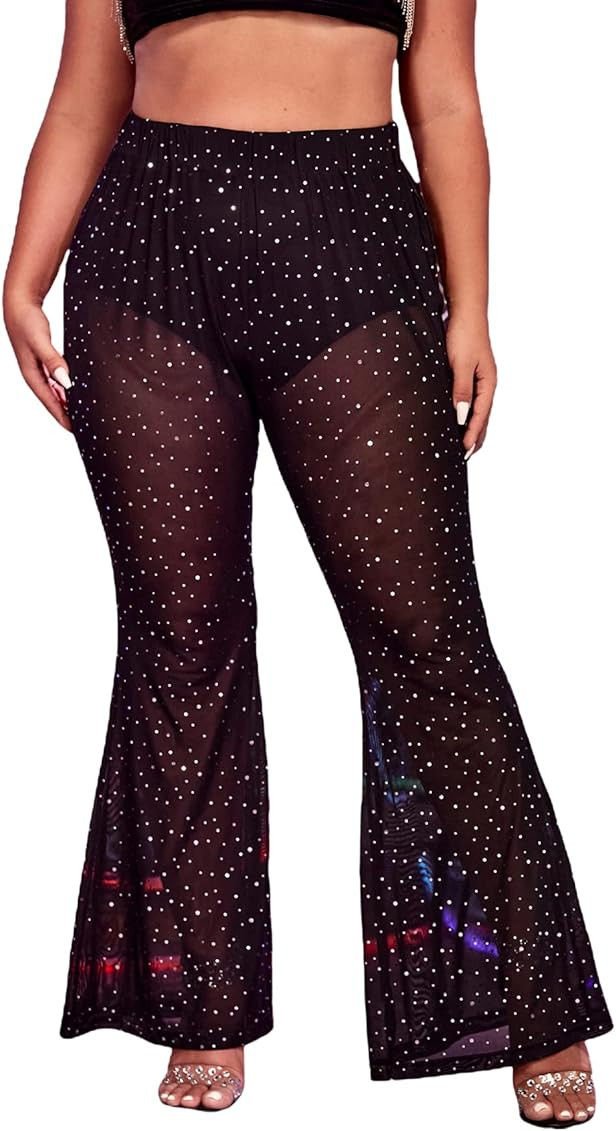 WDIRARA Women's Plus Polka Dots High Rise Flare Leg See Through Mesh Party Club Pants | Amazon (US)