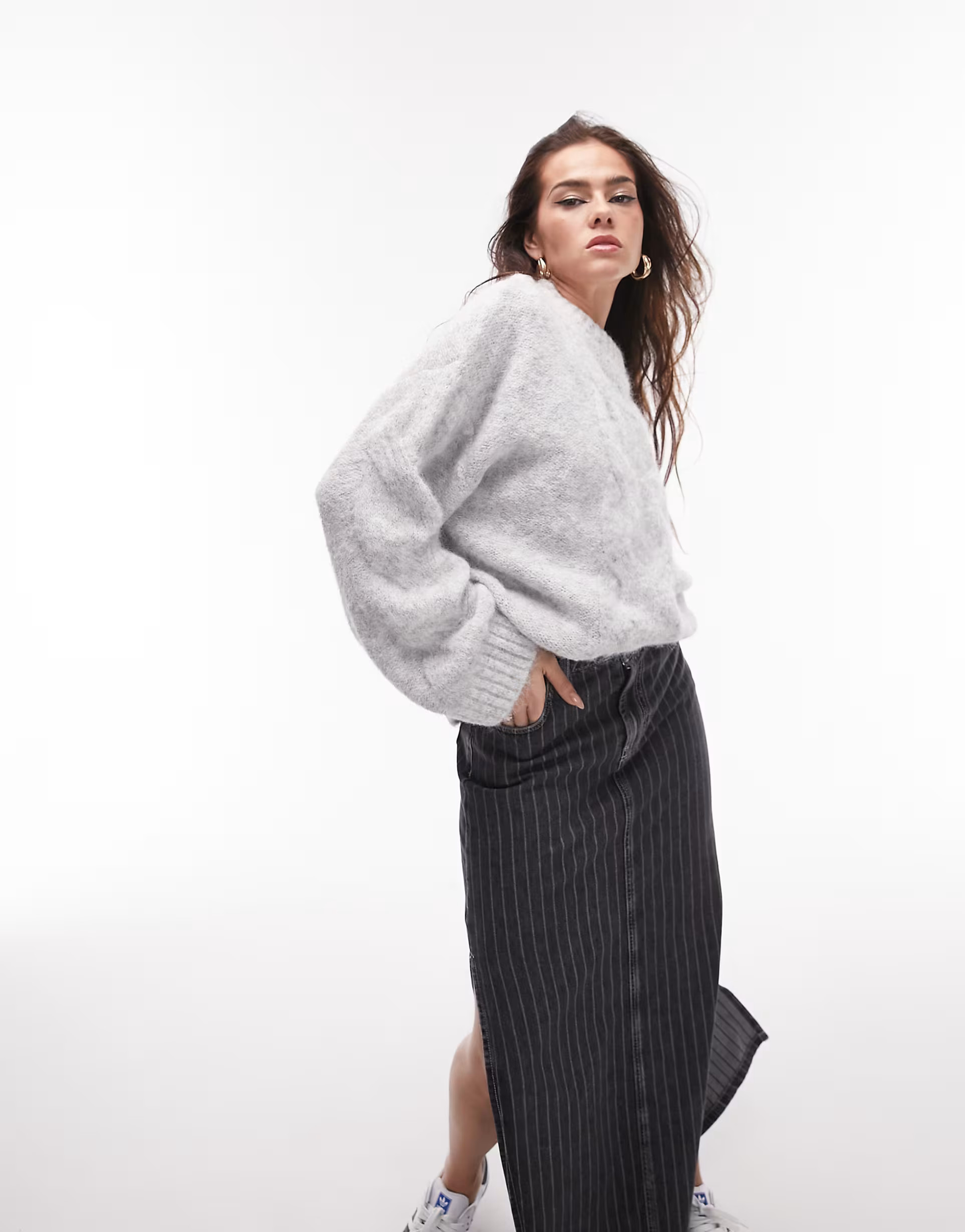 Topshop knit fluffy cable detail sweater in gray | ASOS (Global)