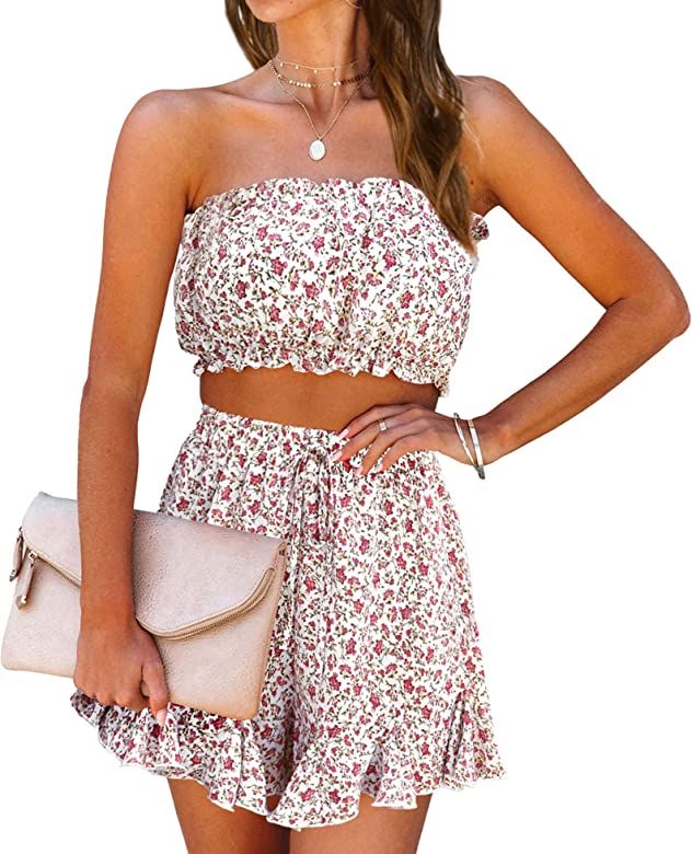 KIRUNDO Women’s Summer Two Piece Outfits Boho Floral Strapless Tube Tops and Shorts Sets Crop Tops a | Amazon (US)
