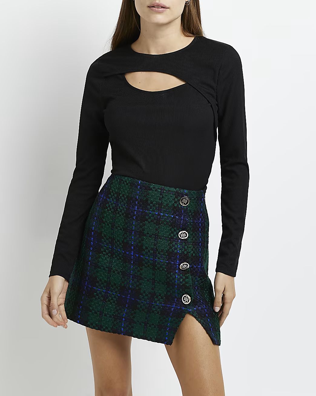 Green tartan boucle mini skirt | River Island (UK & IE)