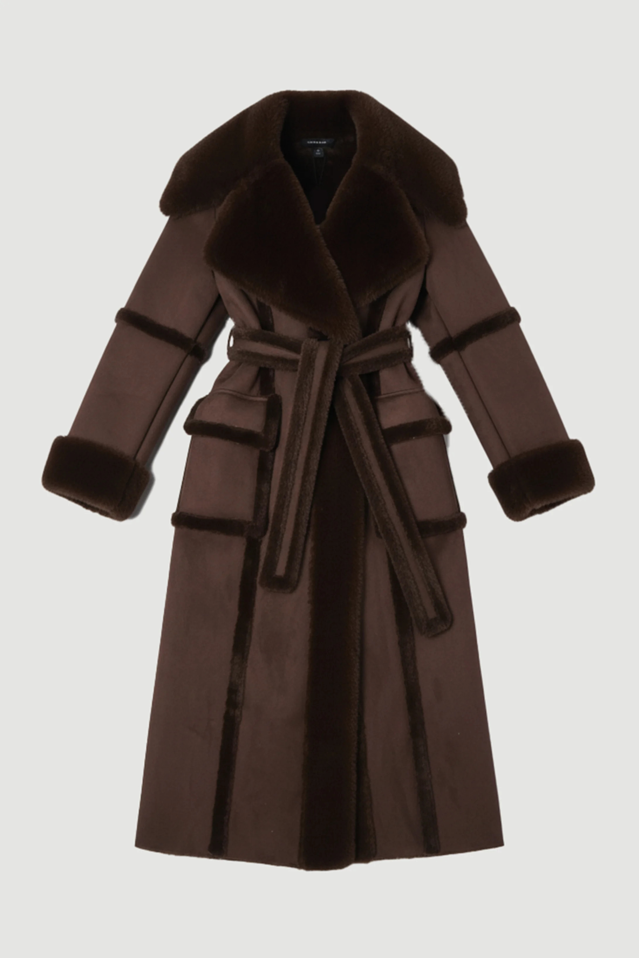 Faux Shearling Collar & Cuff Tie Belt Maxi Coat | Karen Millen US