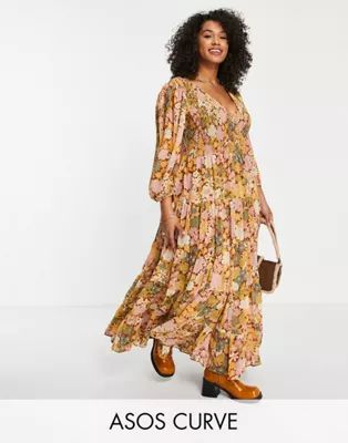 ASOS DESIGN Curve shirred wrap tiered skirt maxi dress in mustard floral print | ASOS | ASOS (Global)