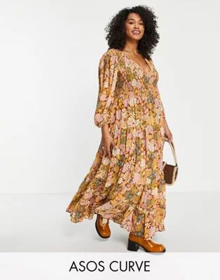 ASOS DESIGN Curve shirred wrap  tiered skirt maxi dress in mustard floral print | ASOS (Global)