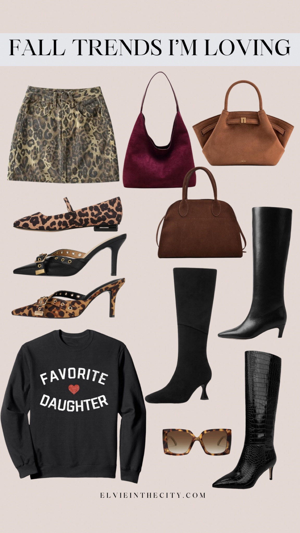 Fall trends I’m loving include an animal print mini skirt, suede bags in fall colors, leopard print shoes, tall boots, tortoise shell sunglasses, and a “Favorite Daughter” sweatshirt.

Fall outfit idea, fall style, fall accessories, fall purse, fall shoes, fashion over 40

#LTKOver40 #LTKFindsUnder50 #LTKShoeCrush