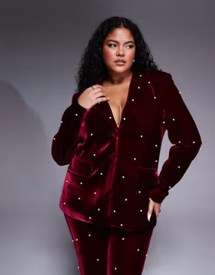 ASOS LUXE Curve pearl embellished velvet blazer in burgundy - part of a set | ASOS (Global)