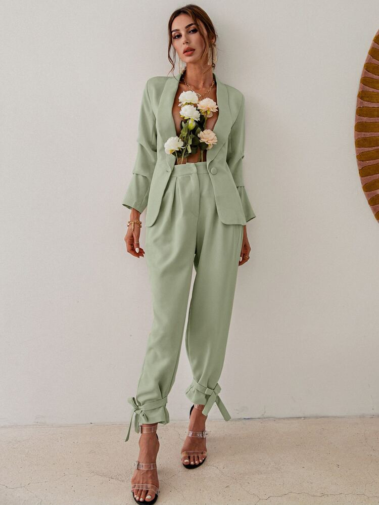 Glamaker Single Button Shawl Collar Blazer & Knot Pants Set | SHEIN