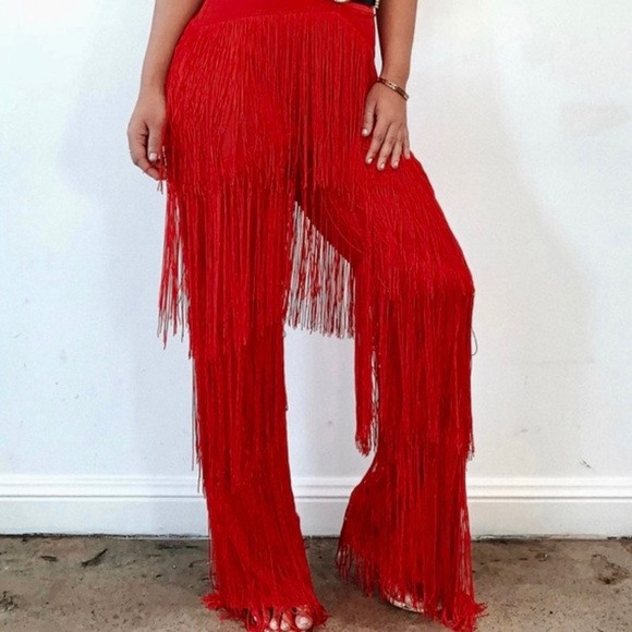 MESHKI Red fringe pants | Poshmark