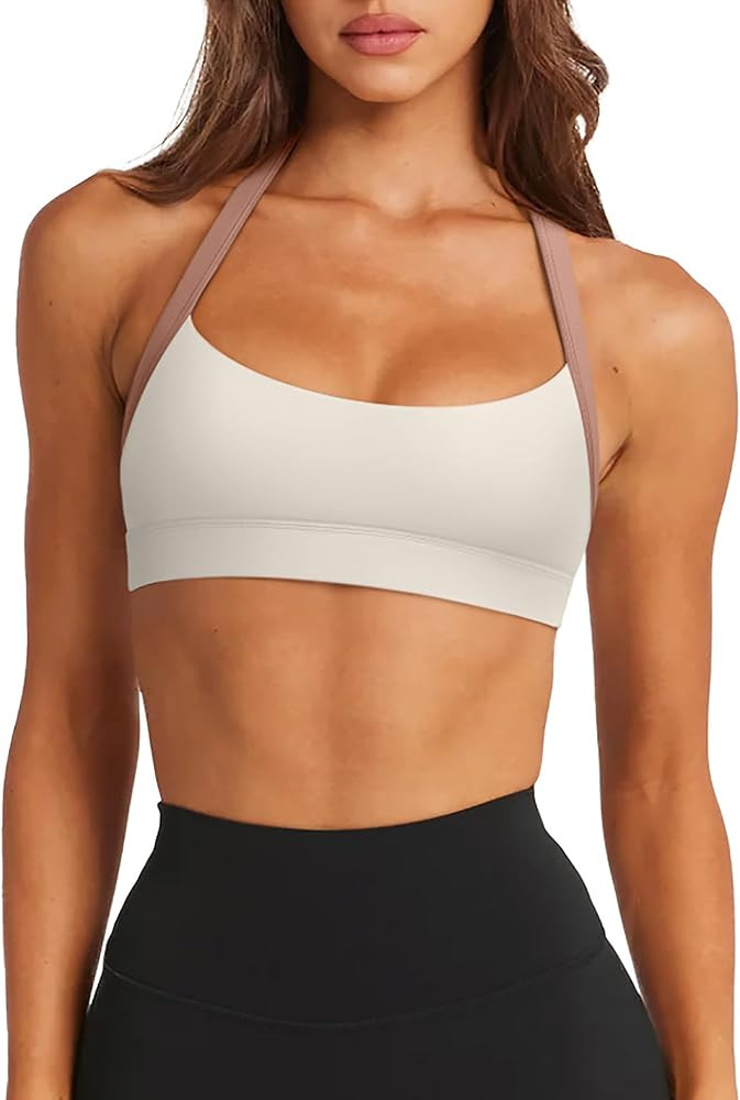 LASLULU Halter Sports Bras for Women Scoop Neck Workout Tops Padded Sleeveless Open Back Yoga Cro... | Amazon (US)
