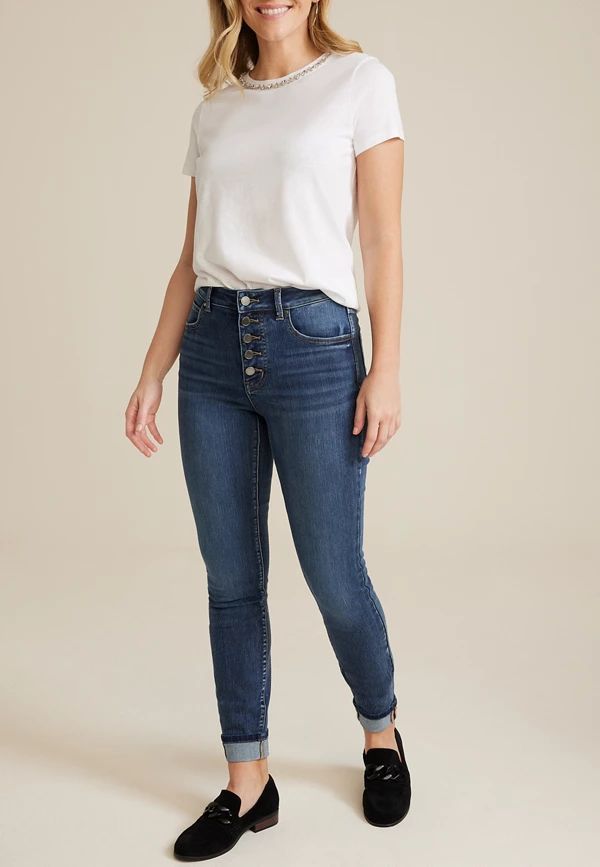 m jeans by maurices™ Everflex™ High Rise Button Fly Super Skinny Ankle Jean | Maurices